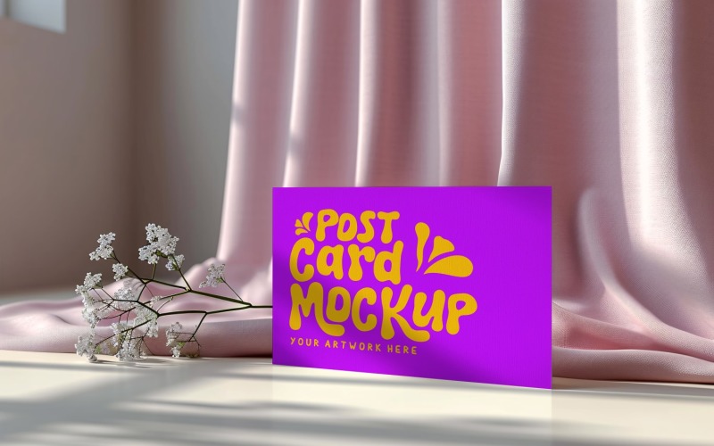 Postcard mockup With Plant Branch On the silk cloth 116 Product Mockup