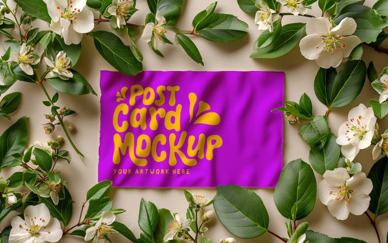 Greeting Card Mockup Flatlay with green Leaves & Flowers 145 Product Mockup