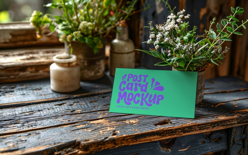 Post card mockup Flatlay with dried Flowers on rustic wooden 154 Product Mockup
