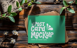 Post card mockup Flatlay with dried Flowers on rustic wooden 155