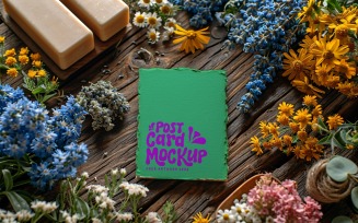 Post card mockup Flatlay with dried Flowers on rustic wooden 157