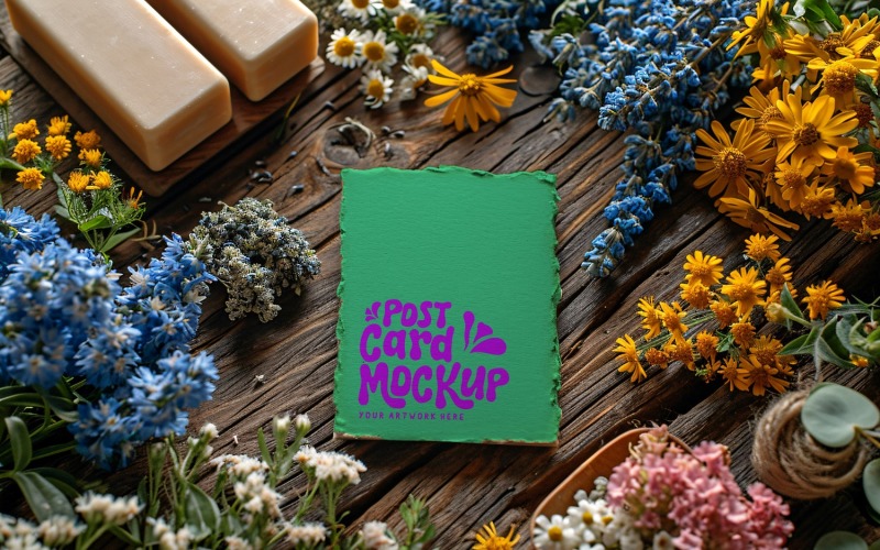 Post card mockup Flatlay with dried Flowers on rustic wooden 157 Product Mockup
