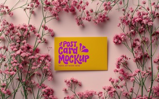 Post card mockup Flatlay with Flowers on Pink Background 199