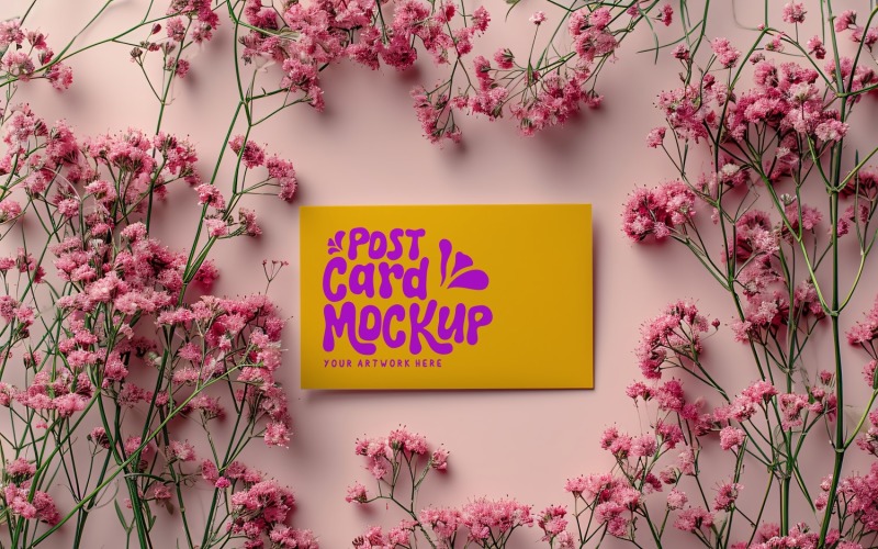 Post card mockup Flatlay with Flowers on Pink Background 199 Product Mockup