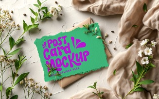 Post Card Mockup Flatlay with green leaves & Flowers 195