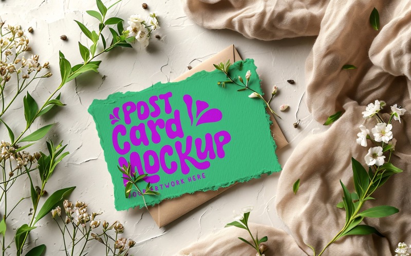 Post Card Mockup Flatlay with green leaves & Flowers 195 Product Mockup