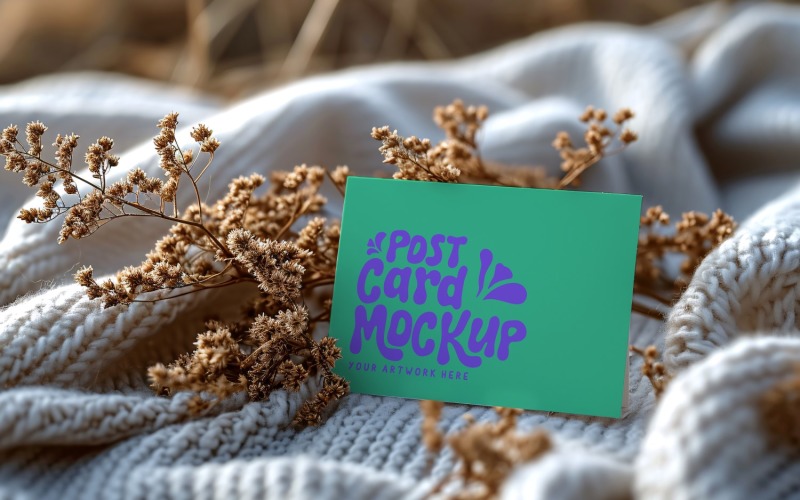 Post card mockup with Dried Flowers on cloth 161 Product Mockup