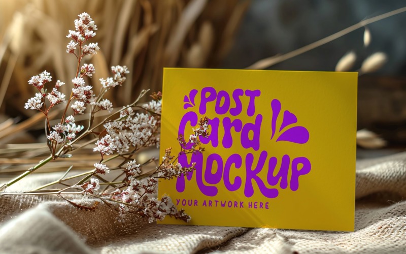 Post card mockup with Dried Flowers on Cloth 166 Product Mockup
