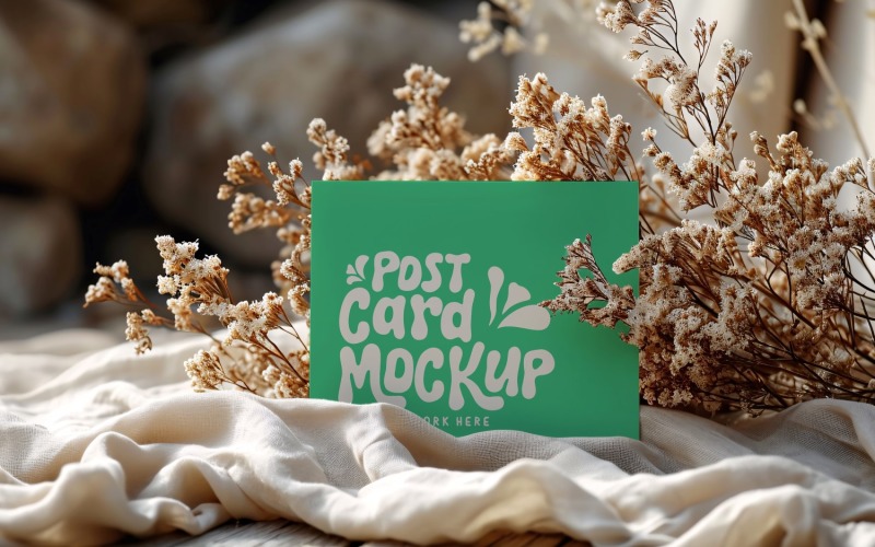 Post card mockup with Dried Flowers on Cloth 184 Product Mockup