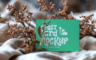 Post card mockup with dried Flowers on Cloth 203
