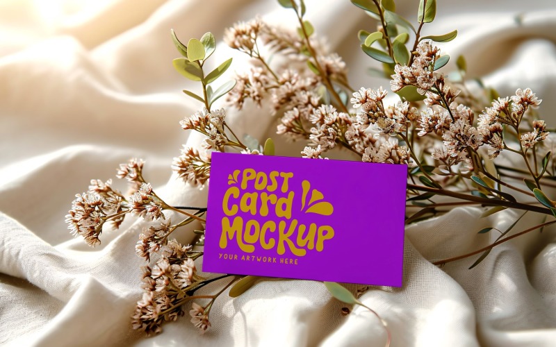 Post card mockup with Dried Flowers on Cloth 206 Product Mockup