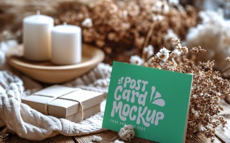 Post card mockup with Dried Flowers on rustic wooden table 162