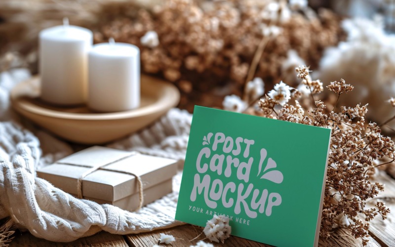 Post card mockup with Dried Flowers on rustic wooden table 162 Product Mockup