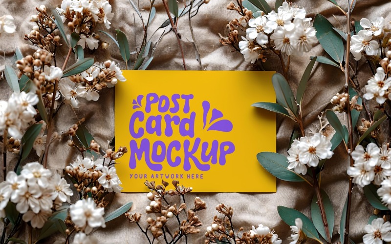 Post card Mockup with dried Flowers on The Cloth 190 Product Mockup