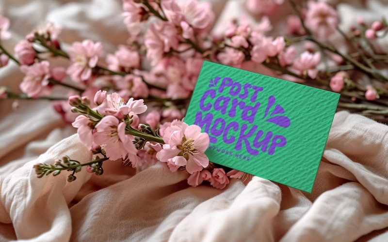 Post card mockup with dried Flowers on The Cloth 202 Product Mockup