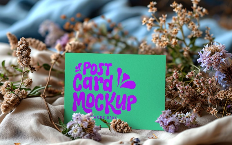 Post card Mockup with dried Flowers on The rustic tile 179 Product Mockup
