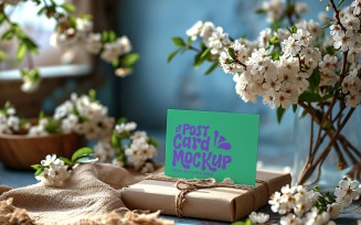 Post card Mockup with dried Flowers on The rustic tile 191