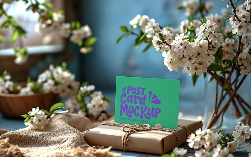 Post card Mockup with dried Flowers on The rustic tile 191 Product Mockup