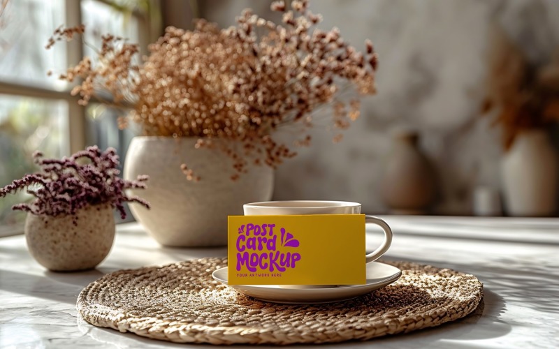 Post card mockup with Dried Flowers on the Tea Cup 207 Product Mockup