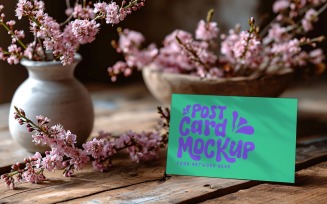 Post card Mockup with dried Flowers on The Wooden table 148
