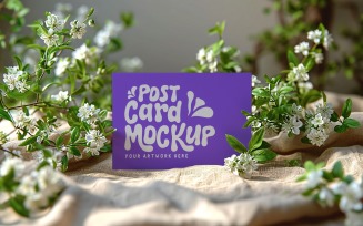 Post card Mockup with dried Flowers on wooden table 143