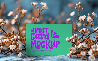 Post card Mockup with dried Flowers on wooden table 144