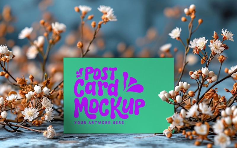 Post card Mockup with dried Flowers on wooden table 144 Product Mockup
