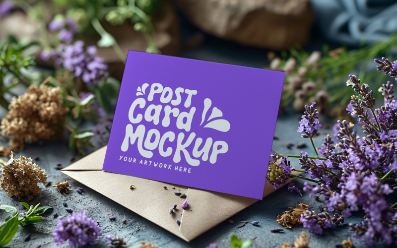 Post card mockup with Flowers on Envelope 163 Product Mockup