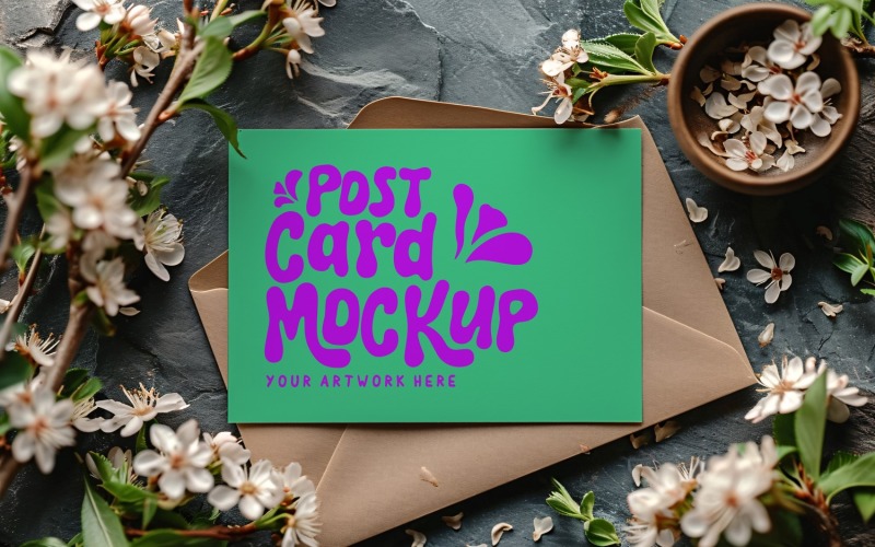 Post card mockup with Flowers on Envelope 164 Product Mockup