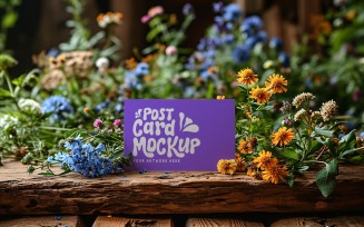 Post card mockup with Flowers on rustic wooden table 156