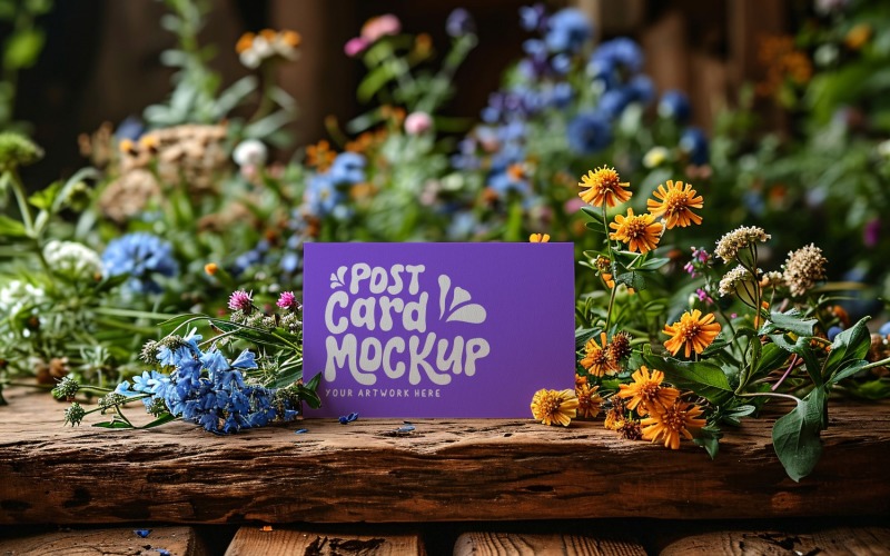 Post card mockup with Flowers on rustic wooden table 156 Product Mockup