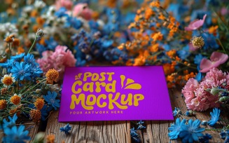 Post card mockup with Flowers on rustic wooden table 158
