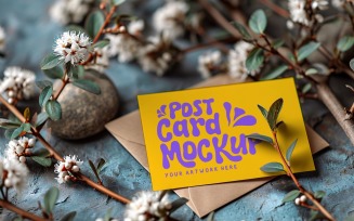 Post card mockup with Flowers on rustic wooden table 160