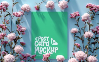 Post card Mockup with Flowers on The Blue Background 192
