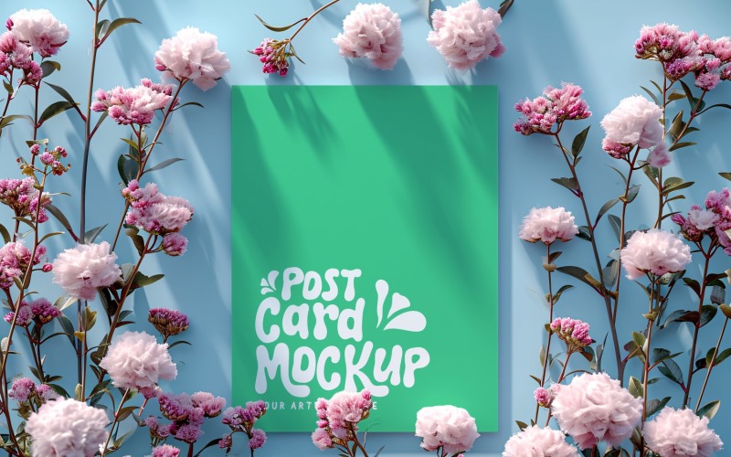 Post card Mockup with Flowers on The Blue Background 192 Product Mockup