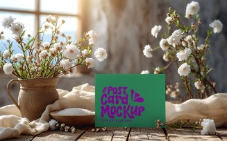 Post Card Mockup with flowers on the wooden table 187