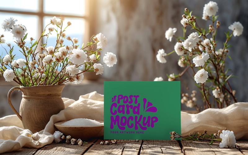 Post Card Mockup with flowers on the wooden table 187 Product Mockup
