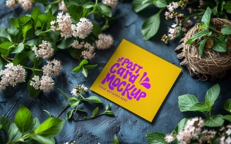 Post Card Mockup with green leaves & Flowers 152