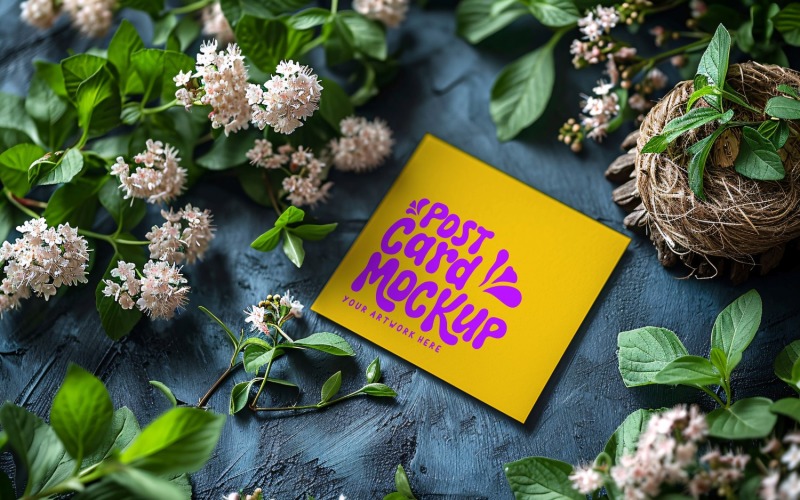 Post Card Mockup with green leaves & Flowers 152 Product Mockup