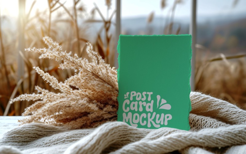 Post card Mockup with vase & dried Flowers on cloth 142 Product Mockup