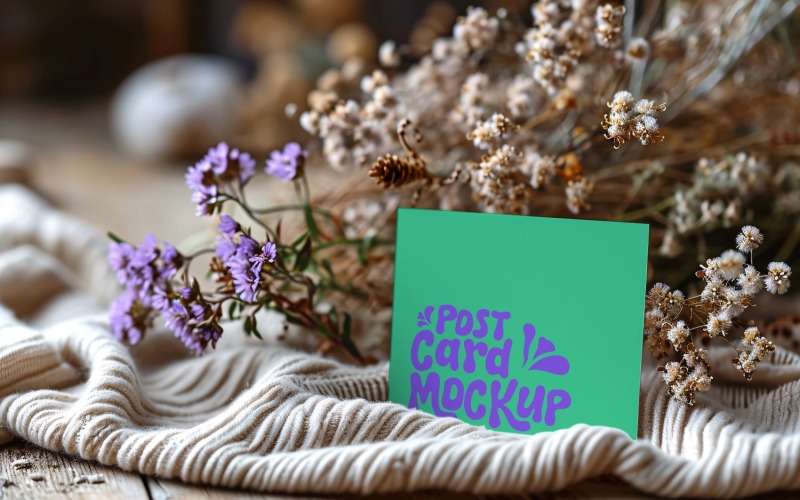 Post card Mockup with vase & dried Flowers On wooden table 141 Product Mockup