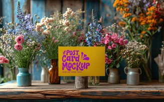 Post card mockup with vases Flowers on rustic wooden table 159