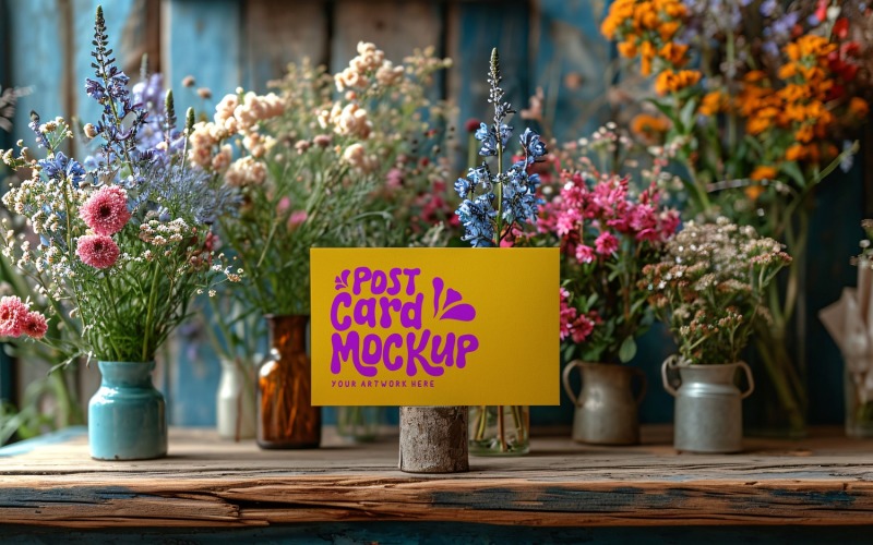 Post card mockup with vases Flowers on rustic wooden table 159 Product Mockup