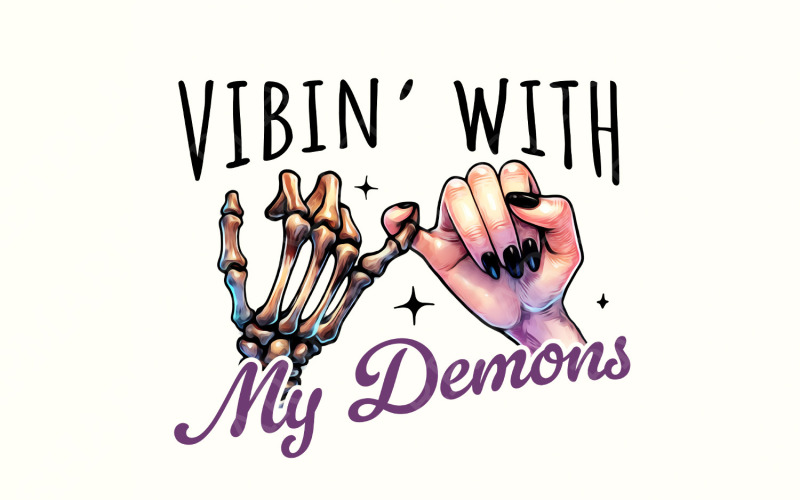 Vibin With My Demons Png, Retro Halloween Png, Skeleton png, Funny Halloween Png, Spooky Season Illustration