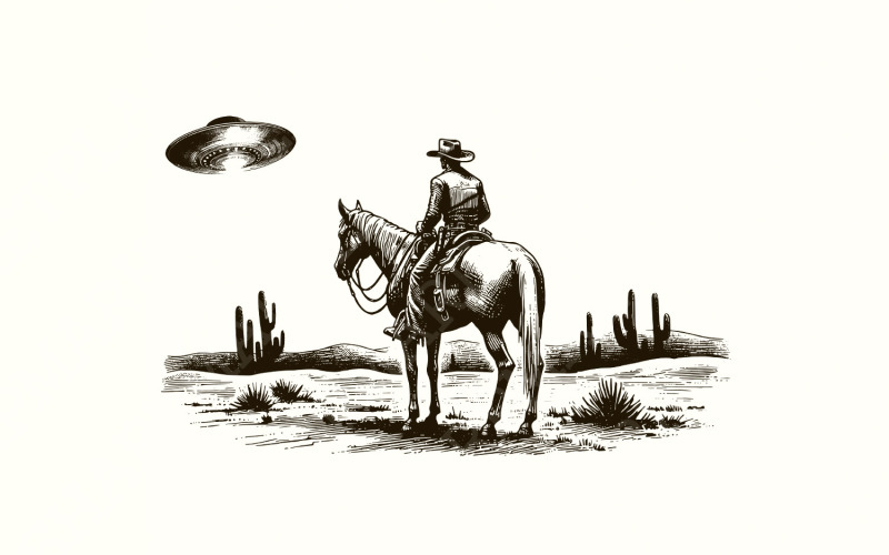 Cowboy and UFO PNG, Vintage Western Digital Download, Sci-Fi Western Design, Alien Encounter Illustration