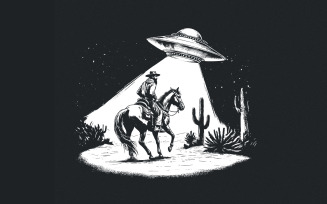 Cowboy and UFO PNG, Vintage Western Digital Download, Sci-Fi Western Design, Alien