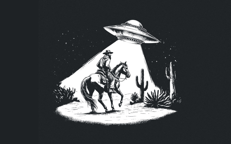 Cowboy and UFO PNG, Vintage Western Digital Download, Sci-Fi Western Design, Alien Illustration