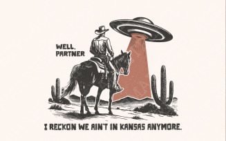 Cowboy and UFO PNG, Western Sci-Fi Digital Design, Alien Encounter Quote, Vintage Desert