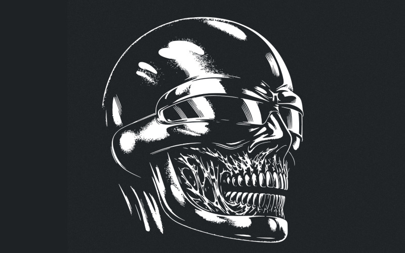 Futuristic Skull Art PNG, Cyberpunk Skull Design, Sci-Fi Horror Digital Art, Black and White Skull Illustration