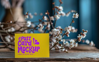 Post card mockup with dried flowers on wooden table 222